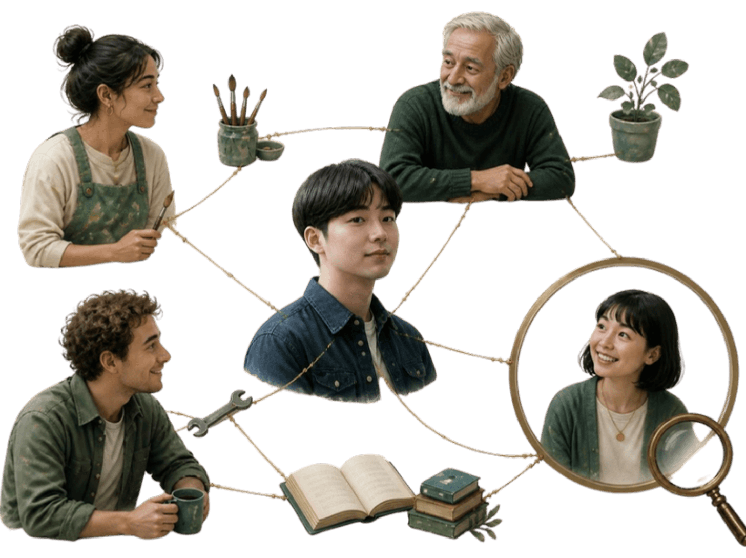 An illustration of a small network of friends connected by threads, with one person at the center and another found through a magnifying glass